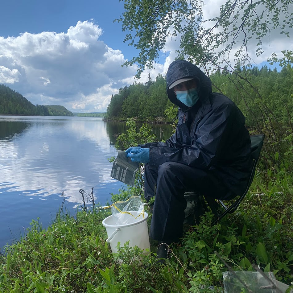 En forskare sitter bredvid en sjö. Han är ute för att ta prover och analysera djurlivet i sjön.